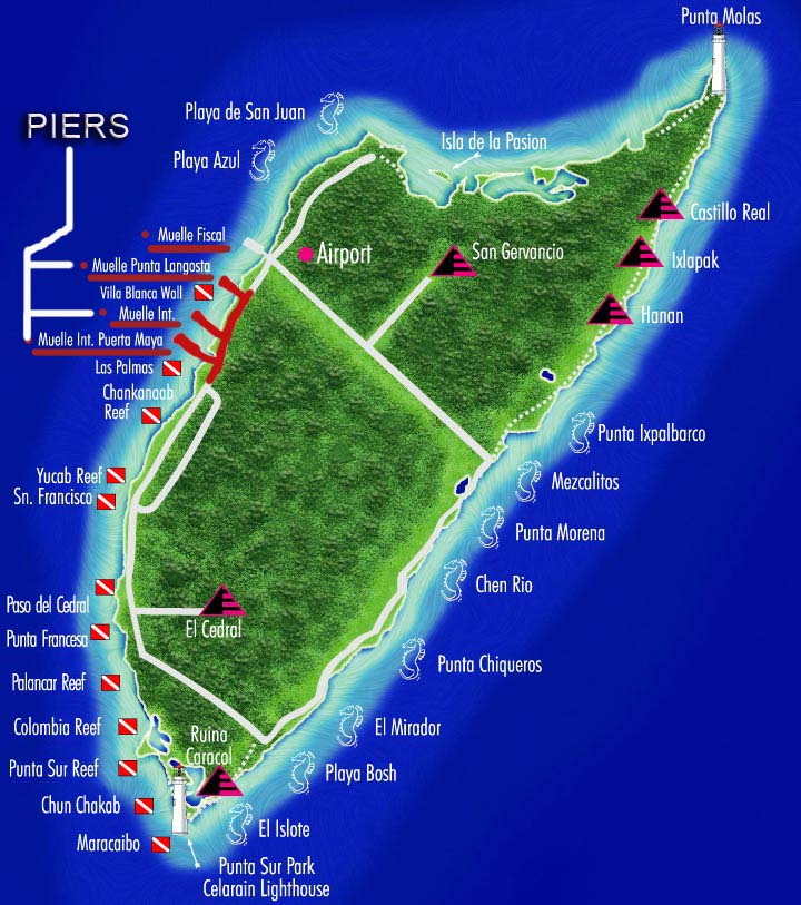 Cozumel dive map of reefs