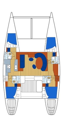 Plano de cubierta del catamarán de vela Lagoon 470 que muestra cuatro camarotes, baños, cocina y salón central para chárteres en Puerto Morelos