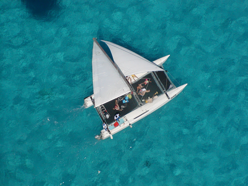 Overhead aerial view catamaran MAR sailing Caribbean Cancun Isla Mujeres private family charter tour