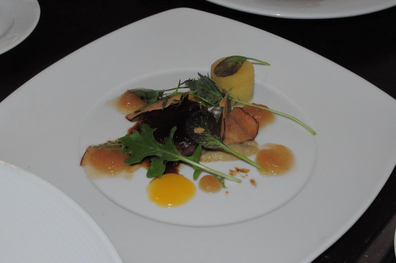 Entrada emplatada con arúgula, betabel, papa y puntos de salsa sobre un plato blanco del menú de banquetes de Maroma
