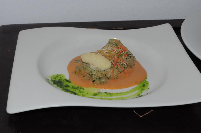 Filete de pescado en costra de hierbas sobre salsa coral de pimiento con una quenelle y microgreens en plato cuadrado blanco, emplatado gourmet de Maroma